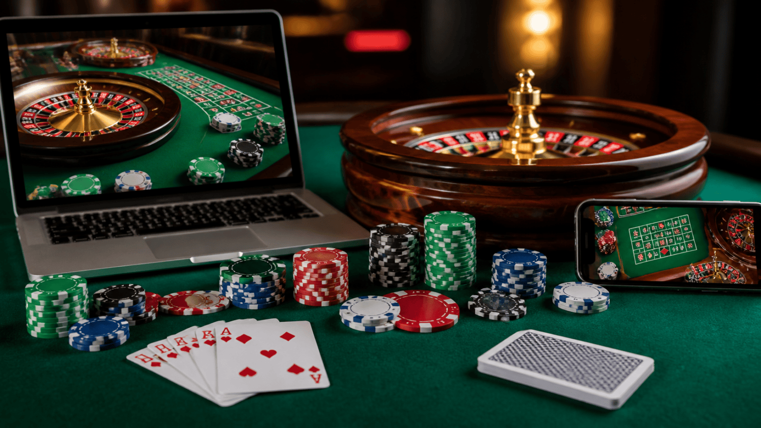 What Makes a Good Online Casino Experience: best online casino sites Singapore Online casino gaming setup with laptop, chips, and roulette wheel