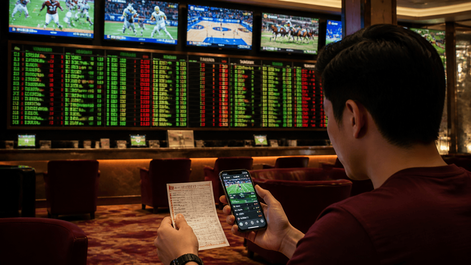 Clear navigation and readable odds: best sports betting sites Singapore Sports betting display with odds and betting slips in a casino-related setting