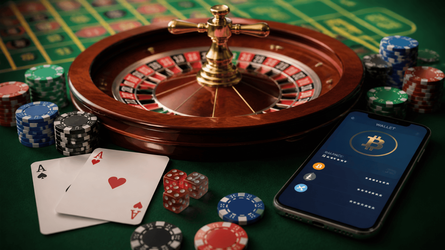 Casino table with chips, cards, and digital wallet screen for crypto casino online
