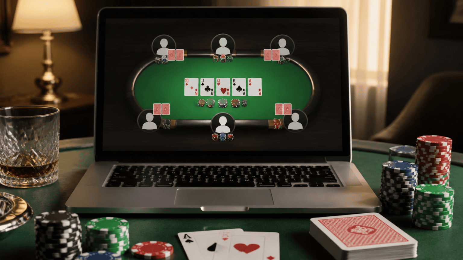 Laptop and poker chips showing an online poker game