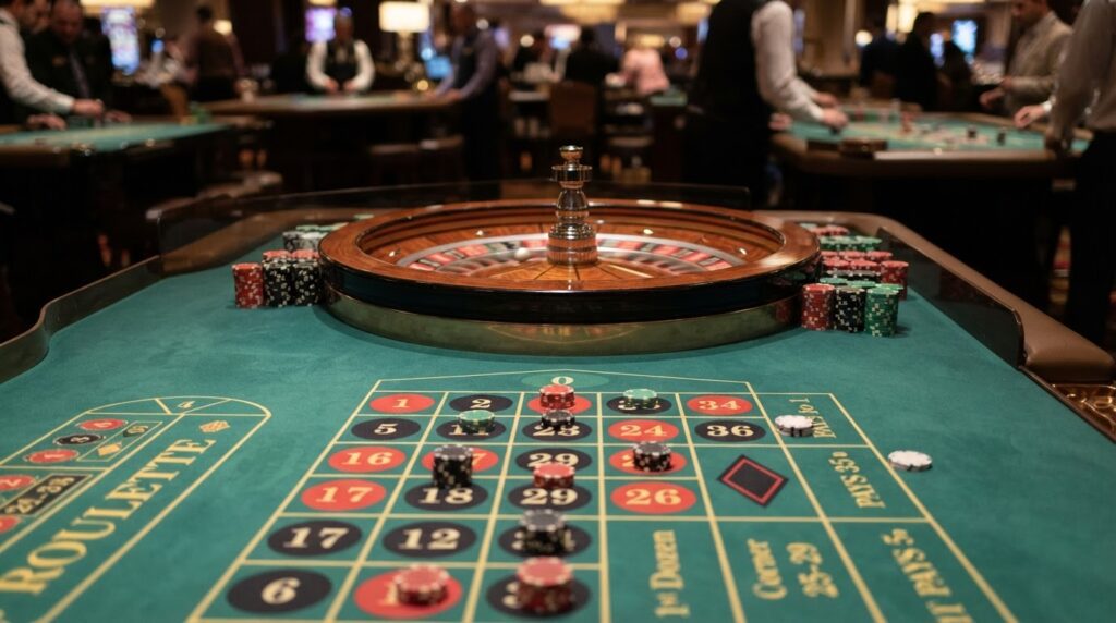 Guide to the Best Online Casino Sites Singapore A professional casino roulette table with chips and a roulette wheel.