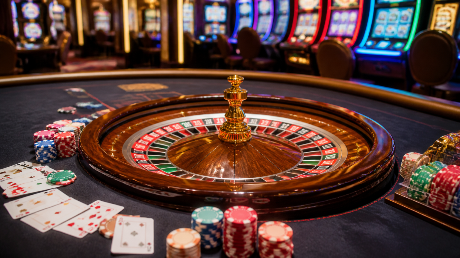 Casino roulette table with chips and cards