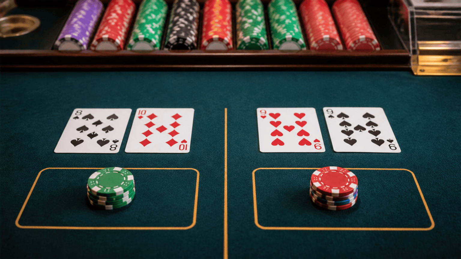 Bàn baccarat với bài và phỉnh, minh họa trò chơi baccarat trực tuyến.