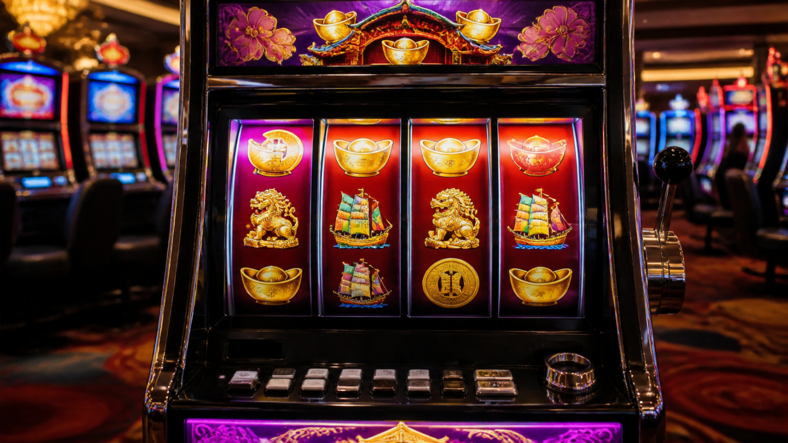 Máy chơi slot với các cuộn biểu tượng trong không gian casino