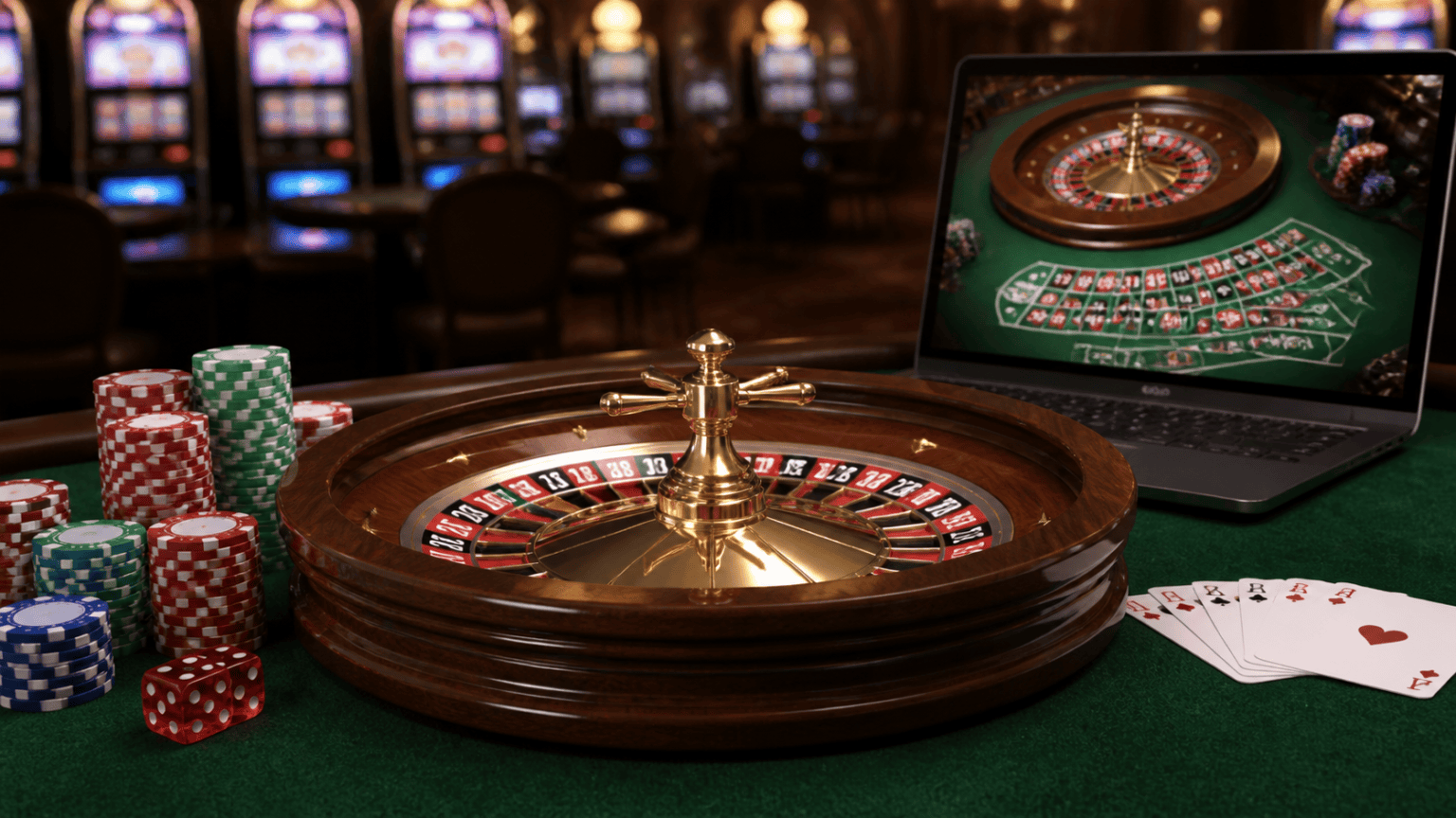 Casino game setup with roulette wheel, cards, and laptop