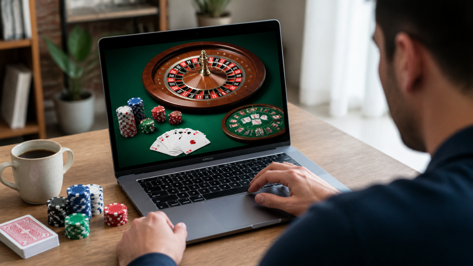 Laptop displaying casino-style online betting games in a home setting