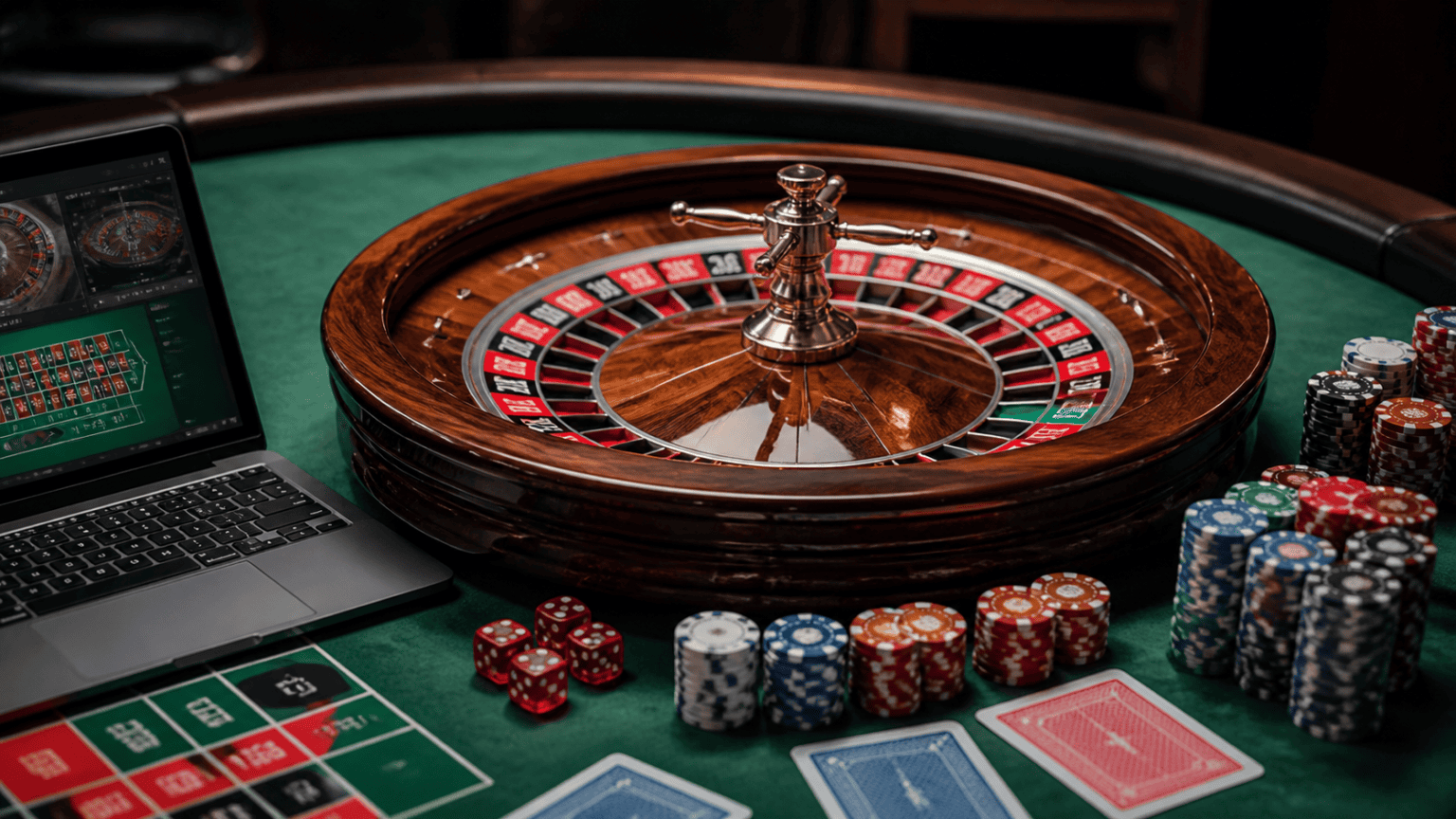 What to look for before you create an account: online betting Singapore Casino betting setup with laptop, chips, cards, and roulette wheel